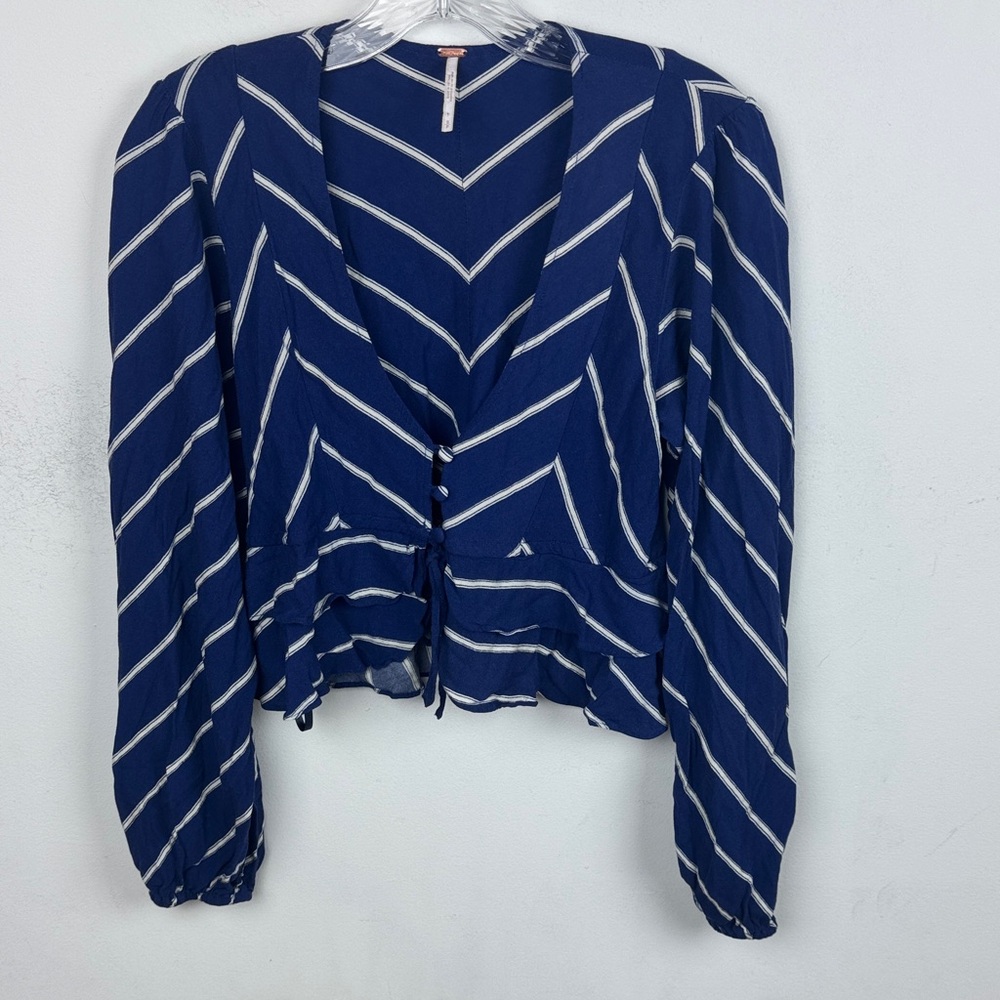 Free People Navy and White Striped V-Neck Button Blouse